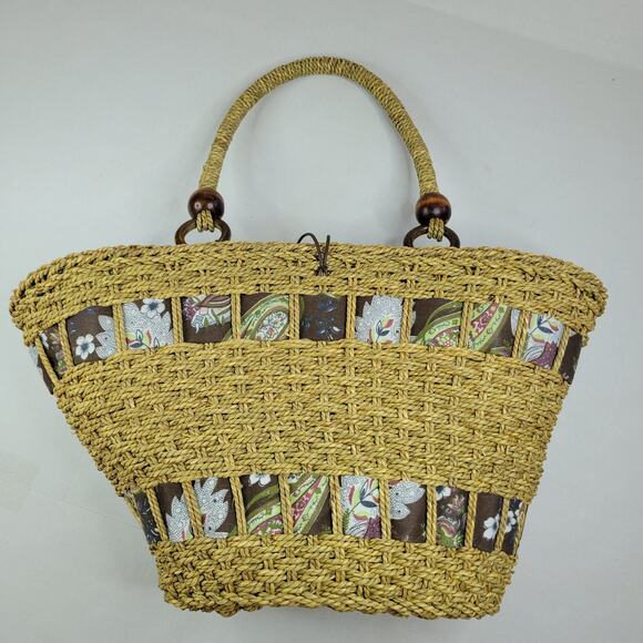 Woven Straw Summer Tote Beach Fashion Handbag Shoulder Bag Paisley Brown Beads - Picture 2 of 7